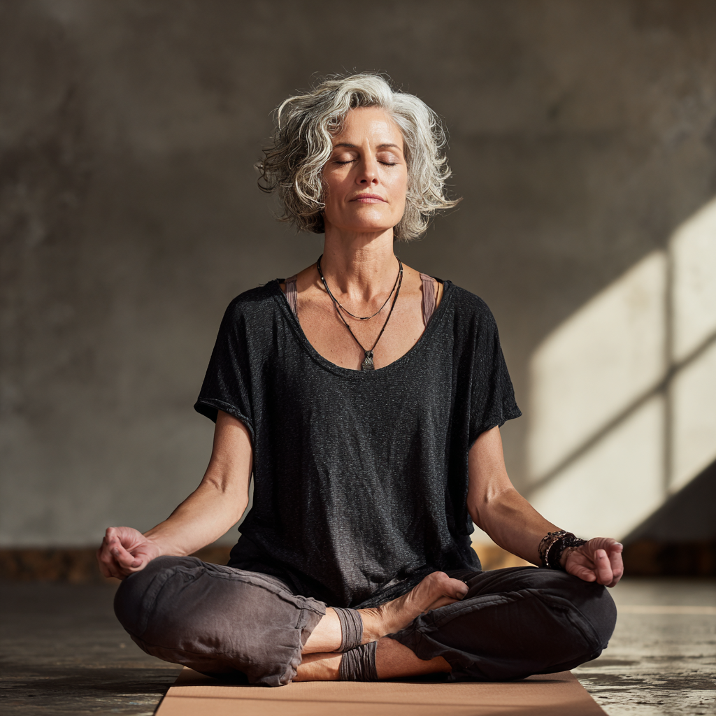 Calm middle-aged woman practicing mindful yoga in a minimalist studio space