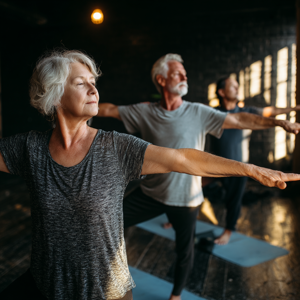 Older adults practicing gentle yoga flow in a serene studio environment
